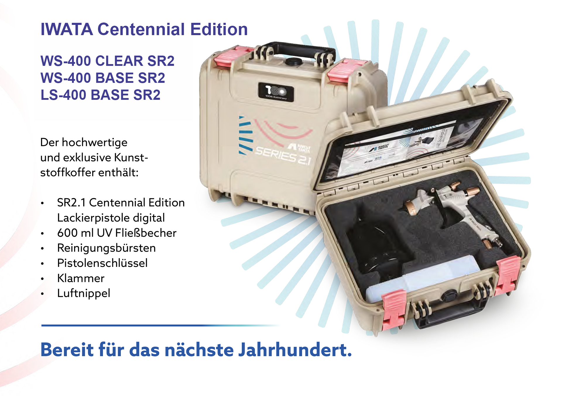 Die IWATA Lackierpistole SR2 CENTENNIAL EDITION wird mit Zubehör im Koffer geliefert